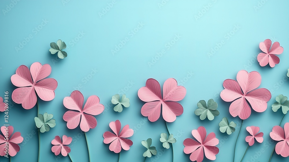  Pink and Green Paper Clover Flowers on a Light Blue Background