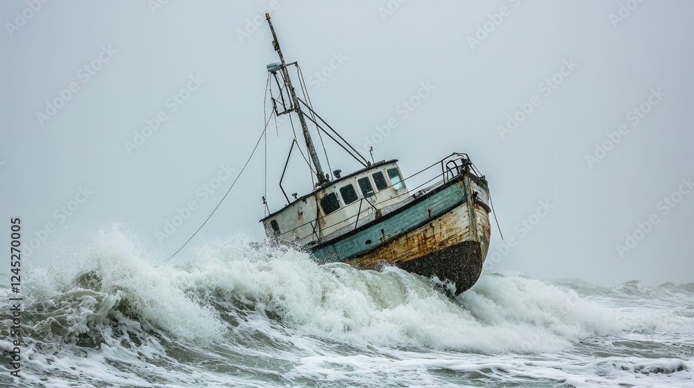 Naklejka premium Old weathered fishing boat battered by stormy waves