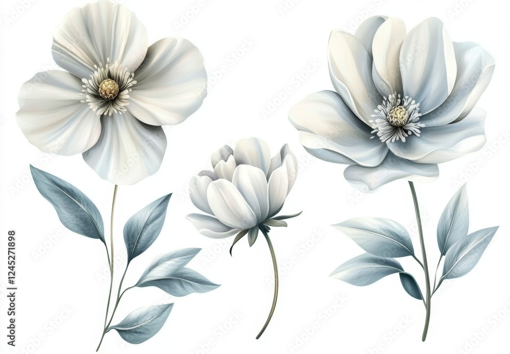 Fototapeta premium White, blue flowers, botanical, digital art, isolated, design, background, decor, print