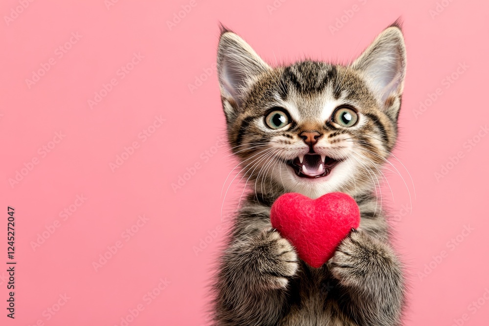 Obraz premium European shorthair - my preferred cat. Marketing concept art pattern idea. Cute european shorthair young cat cub with diamond red heart - emblem of love, funny greeting card. Red ribbon kitten.