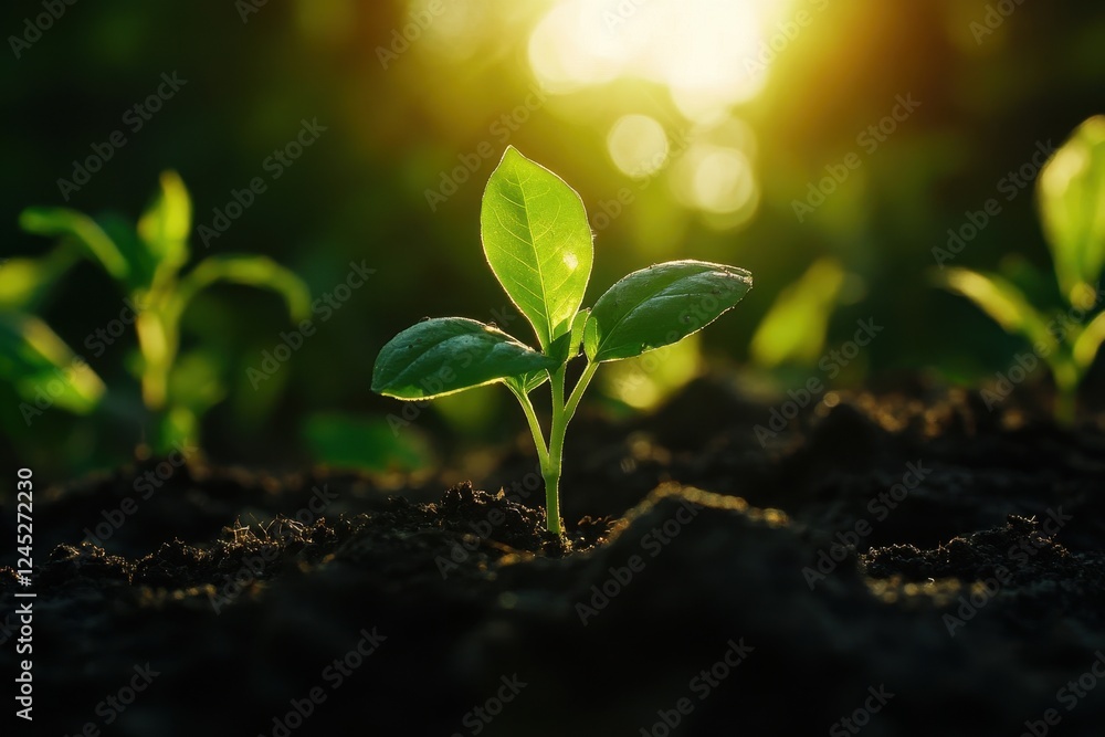 A young seedling sprouts from rich soil, bathed in golden sunlight. Ideal for growth, nature, and new beginnings themes. A young seedling sprouts from rich soil, bathed in golden sunlight. Ideal for growth, nature, and new beginnings themes.