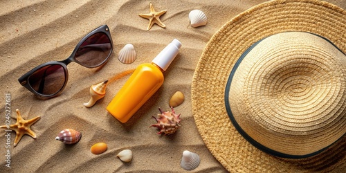 Summer Beach Essentials Flat Lay: Sun Hat, Sunglasses, Sunscreen, Seashells photo