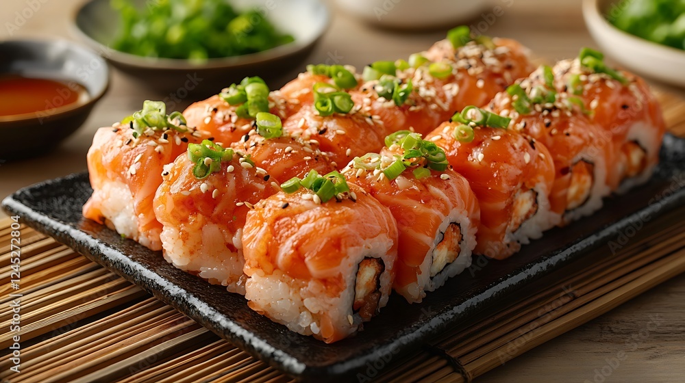 A vibrant sushi spread with fresh salmon sashimi, spicy tuna rolls, and shrimp nigiri, garnished with green onions, sesame seeds, and a side of soy sauce, arranged on a bamboo mat, A vibrant sushi spread with fresh salmon sashimi, spicy tuna rolls, and shrimp nigiri, garnished with green onions, sesame seeds, and a side of soy sauce, arranged on a bamboo mat,