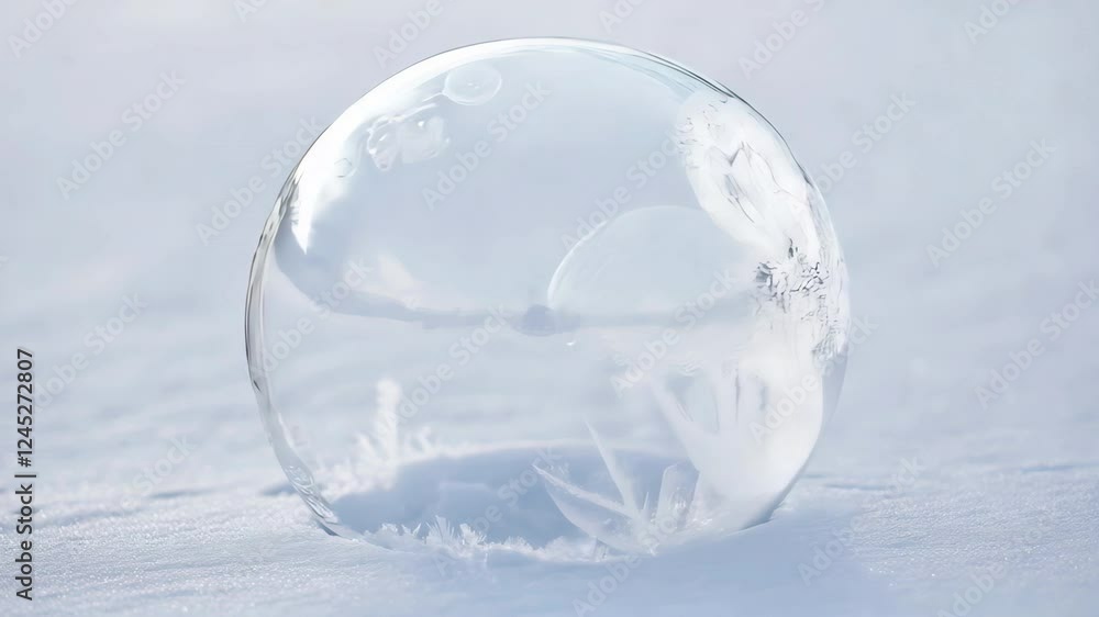 A moment of frosty beauty, a frozen soap bubble in the snow A moment of frosty beauty, a frozen soap bubble in the snow