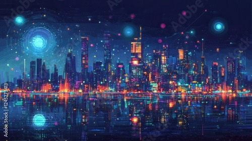 Vibrant cityscape at night, reflecting on water, with neon lights and futuristic elements. Ideal for tech, futuristic, or city-themed projects needing a striking visual. photo