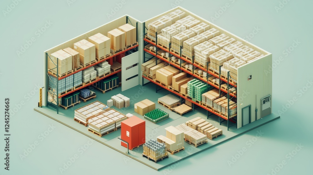 Obraz premium Isometric 3D Warehouse Interior with Shelves, Boxes, and Various Pallet Arrangements