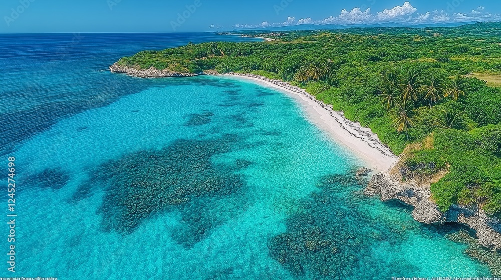 Obraz premium Pristine tropical beach with turquoise waters and lush greenery