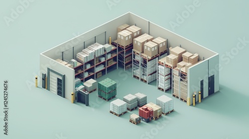 Isometric 3D Illustration of a Modern Warehouse with Shelving and Storage Boxes