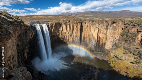 Majestic Waterfall Cascading into a Tranquil Pool with a Vibrant Rainbow