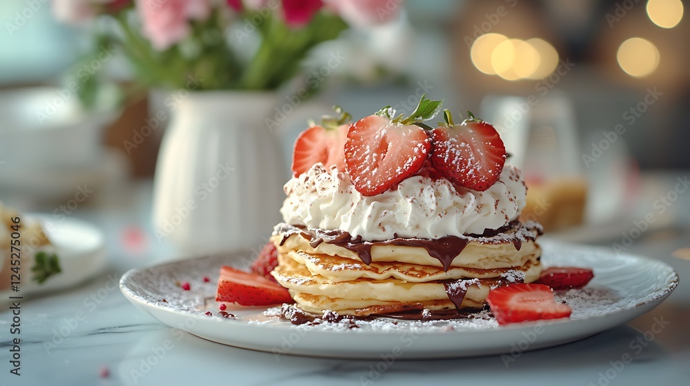 Delicate crepes layered with Nutella, whipped cream, and sliced strawberries, presented on a marble countertop with a small vase of flowers in the background, soft morning light, hd quality, Delicate crepes layered with Nutella, whipped cream, and sliced strawberries, presented on a marble countertop with a small vase of flowers in the background, soft morning light, hd quality,