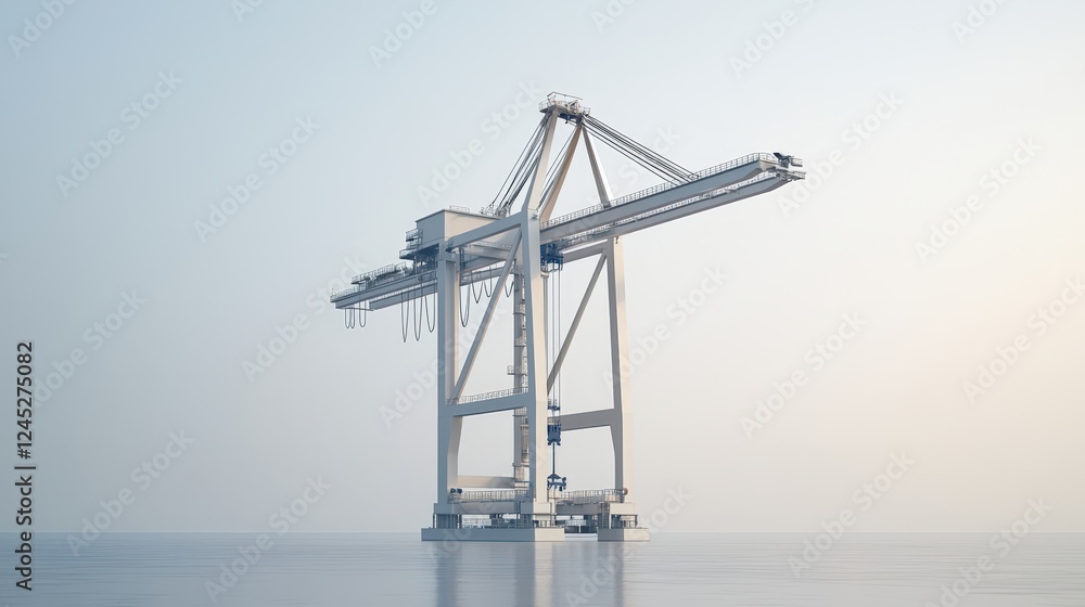 Isolated 3D Port Crane on Calm Waters with Soft Colors, Perfect for Industrial and Maritime Themes Isolated 3D Port Crane on Calm Waters with Soft Colors, Perfect for Industrial and Maritime Themes