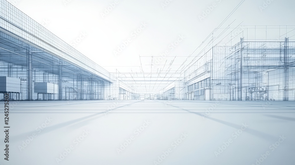 Clean 3D Blueprint of Modern Architectural Warehouse Interior with Empty Space Perspective Clean 3D Blueprint of Modern Architectural Warehouse Interior with Empty Space Perspective