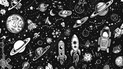Fototapeta Naklejka Na Ścianę i Meble -  A whimsical black and white illustration of outer space featuring rockets, planets, and stars, ideal for educational materials