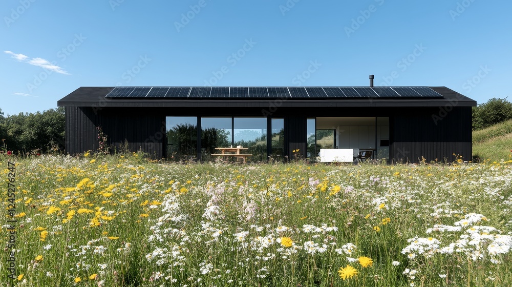 Modern black house with solar panels and wildflower meadow Modern black house with solar panels and wildflower meadow