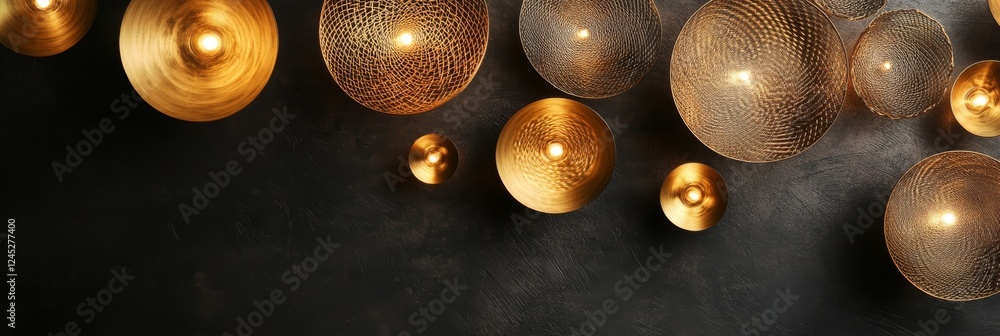 Naklejka premium Golden Lighting Fixtures on a Dark Background: Modern Interior Design