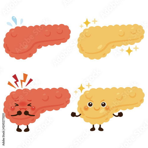 動きが過剰になっている膵臓のキャラクターと元気な膵臓のキャラクター