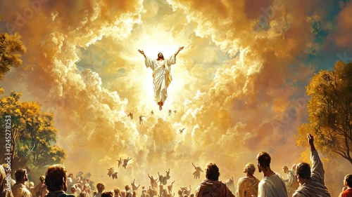 Celestial ascension witnessed by multitude under golden sky