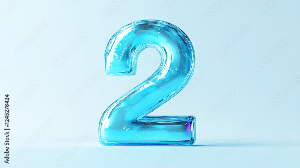 Glossy translucent blue number two on light blue background. Glossy translucent blue number two on light blue background.