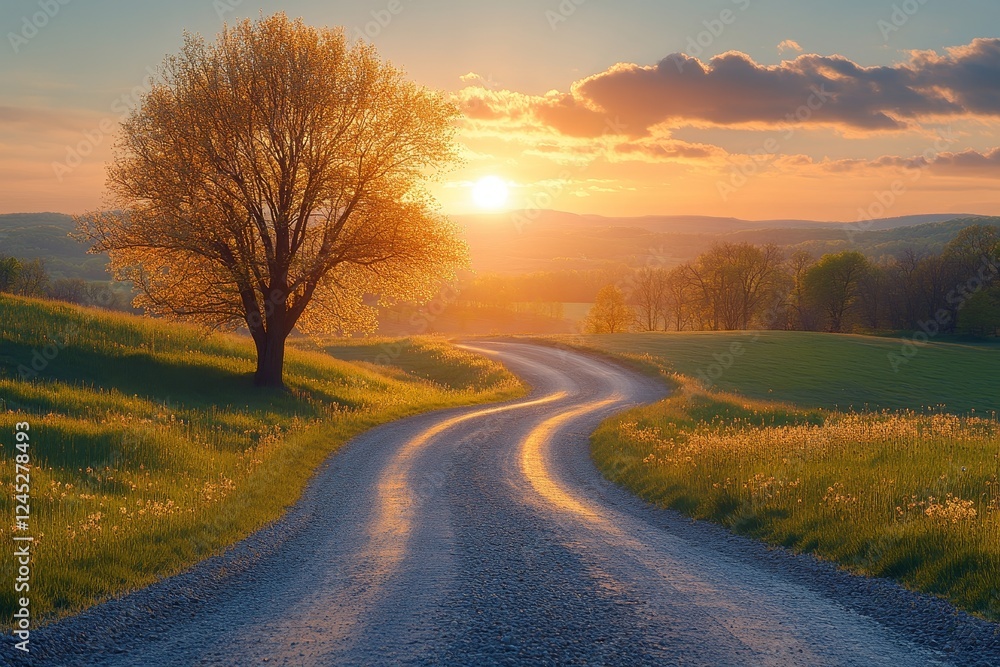 Scenic sunset on a winding country road with vibrant autumn trees Scenic sunset on a winding country road with vibrant autumn trees