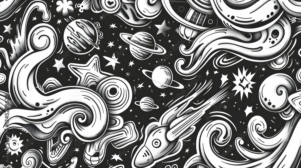 Abstract cosmic illustration featuring swirling galaxies, planets, and stars against a dark background Abstract cosmic illustration featuring swirling galaxies, planets, and stars against a dark background