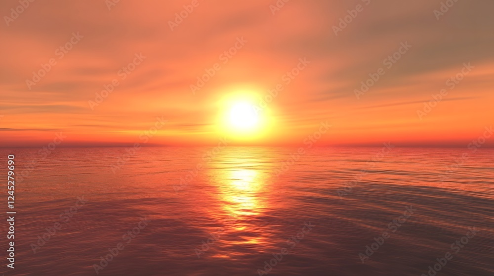Fototapeta premium A breathtaking beach sunset with golden orange and pink hues in the sky, the sun setting just above the horizon and reflecting on the calm ocean