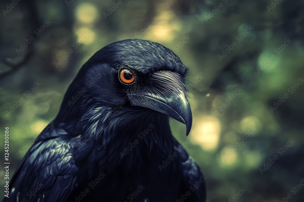 Fototapeta premium Close-up of a black raven with intense orange eyes in a natural forest setting