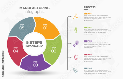 Visual data presentation. Cycle diagram with 5 options. Pie Chart Circle infographic template with 5 steps, options, parts, segments. Business concept. Marketing infographic vector illustration.