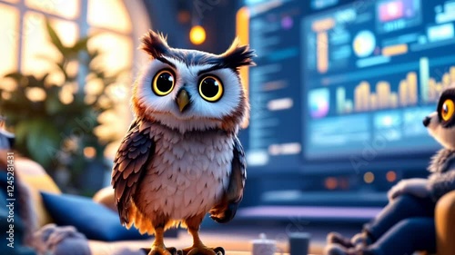 Adorable Owl and Panda in Business Meeting 3D Animation photo