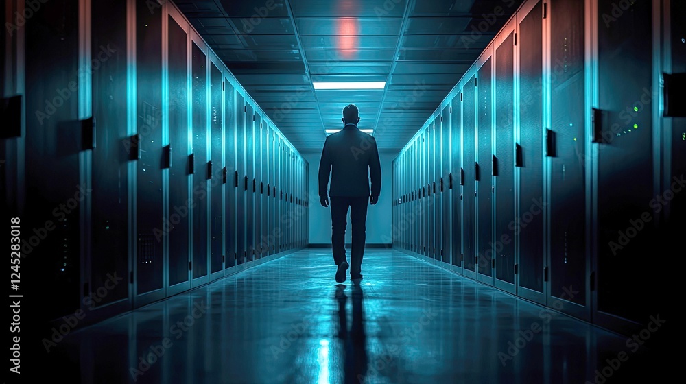 A lone figure walks through a futuristic data center, representing the power and mystery of modern technology and digital information. A lone figure walks through a futuristic data center, representing the power and mystery of modern technology and digital information.