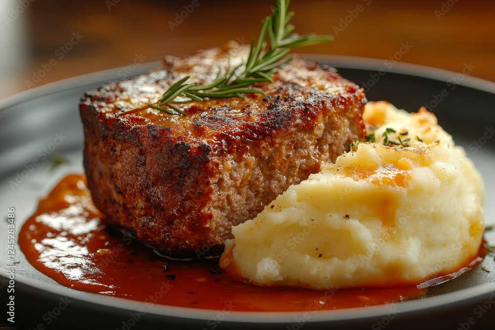 Juicy meatloaf, mashed potatoes, red sauce, restaurant Juicy meatloaf, mashed potatoes, red sauce, restaurant