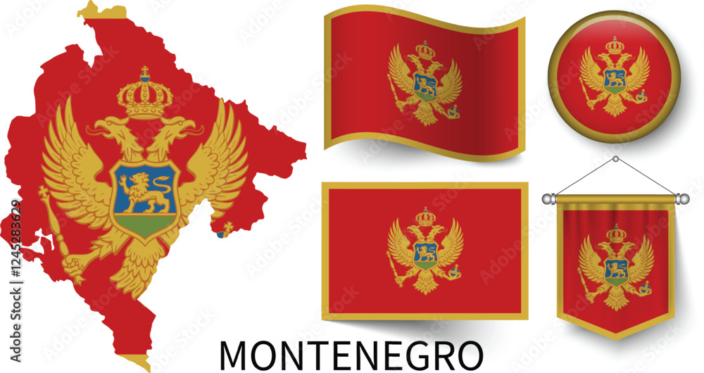 The different designs of Montenegro's national flags and the map showing Montenegro's borders The different designs of Montenegro's national flags and the map showing Montenegro's borders