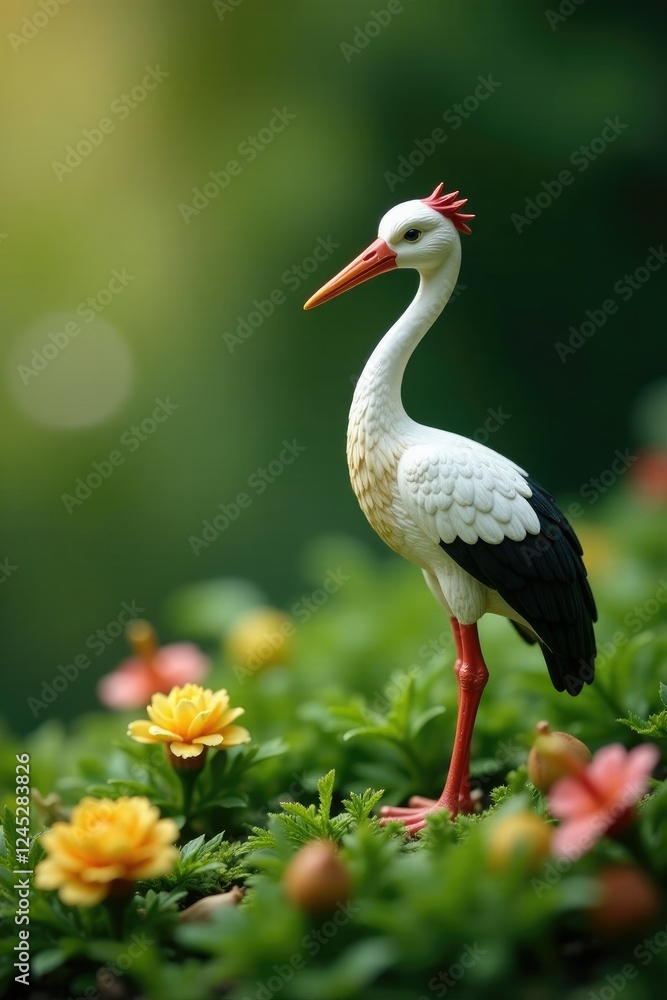 Delicate stork figurine amidst lush green branches, ornaments, flowers, charming garden scene Delicate stork figurine amidst lush green branches, ornaments, flowers, charming garden scene