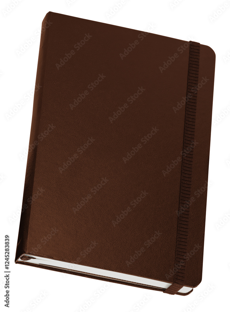 Brown hardcover notebook with elastic band and ribbon bookmark isolated on transparent background. Brown hardcover notebook with elastic band and ribbon bookmark isolated on transparent background.