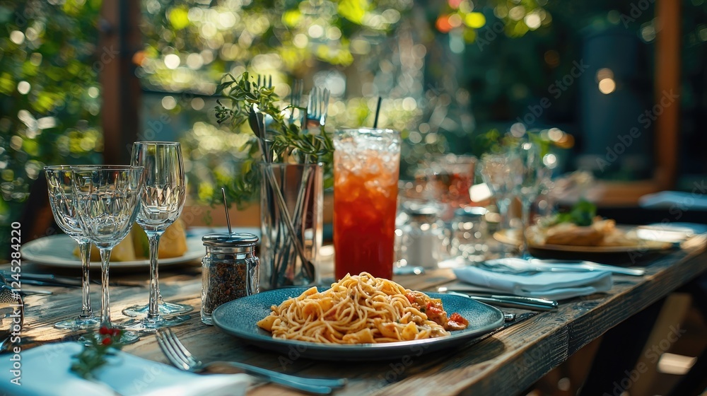 Alfresco Dining Scene Featuring Delicious Pasta Dish Alfresco Dining Scene Featuring Delicious Pasta Dish