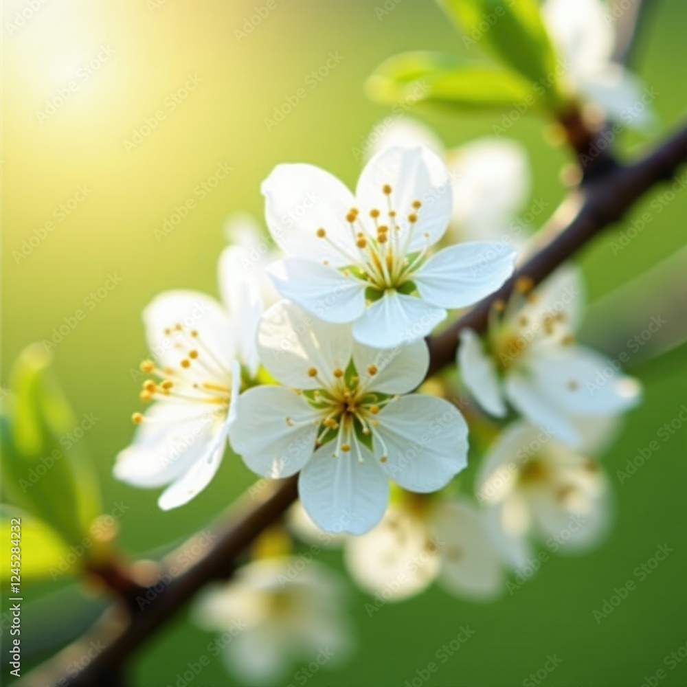 Fototapeta premium Delicate white flowers on hawthorn branch in morning sunlight, blossoms, spring tree
