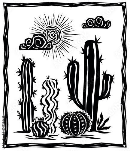 Hand drawn illustration of sun, clouds, cactus and desert succulents. Black and white sketch of American plants..eps