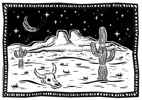 Typical desert landscape of America. Cactus, succulents, mountains, rocks, moon and stars. Vector illustration in woodcut or linocut style..eps