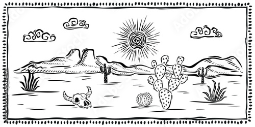 Desert landscape with cacti and cow skull. Arizona or Texas desert cacti, black silhouette and cow skull isolated on white.