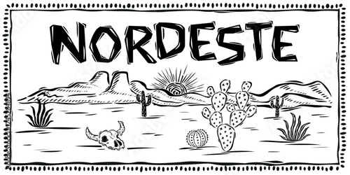 Typical desert landscape of the caatinga in northeastern Brazil. Cactus, mountains, rocks, ox skull and sunset. Illustration in the style of cordel, woodcut..eps