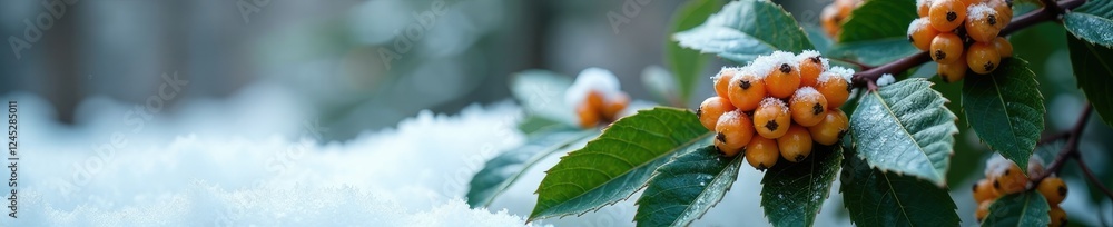 Golden berry clusters nestled securely on the lush foliage of a holly branch against a pristine snowy surface, frosty, holly