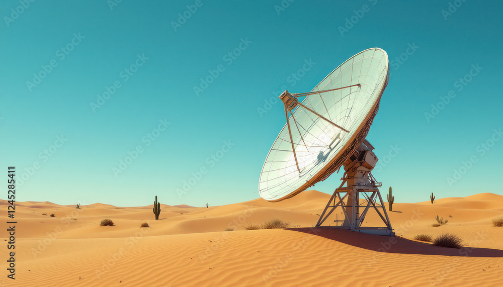 Solitary Satellite Dish in a Vast Desert Landscape Under a Clear Blue Sky Solitary Satellite Dish in a Vast Desert Landscape Under a Clear Blue Sky
