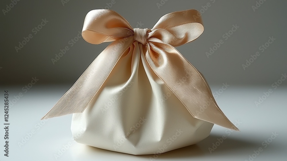 Elegant cream gift bag, satin ribbon bow, studio shot, simple background, packaging