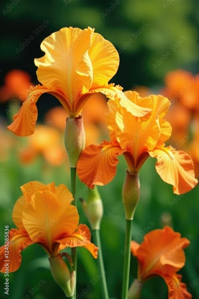Pastel orange yellow and red iris flowers bloom in a garden bed, orange, yellow Pastel orange yellow and red iris flowers bloom in a garden bed, orange, yellow