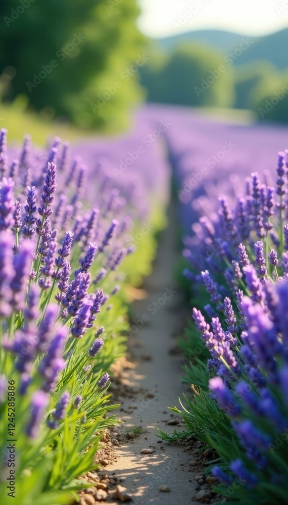 Obraz premium Pastel lavender field with a few wildflowers and a stone path, , peaceful