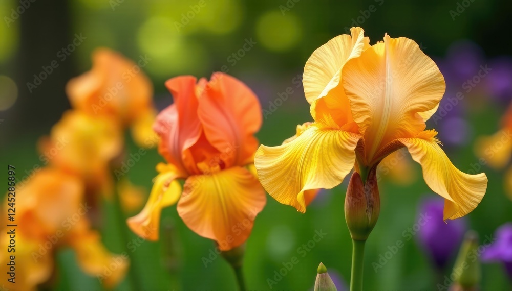 Pastel orange yellow and red iris flowers bloom in a garden bed, yellow, purple Pastel orange yellow and red iris flowers bloom in a garden bed, yellow, purple