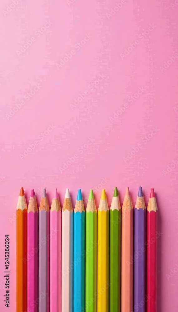 Fototapeta premium Pastel rainbow colored pencils on bright pink paper texture background, pink, colors, art supplies