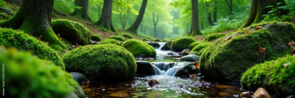 Peaceful forest scene with moss covered stones and a small stream, , foliage Peaceful forest scene with moss covered stones and a small stream, , foliage