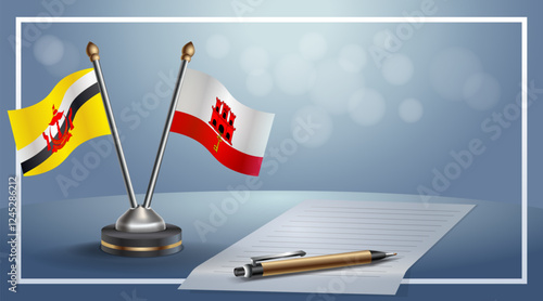 Brunei and Gibraltar National flags on small table with bokeh background, cooperative relationship