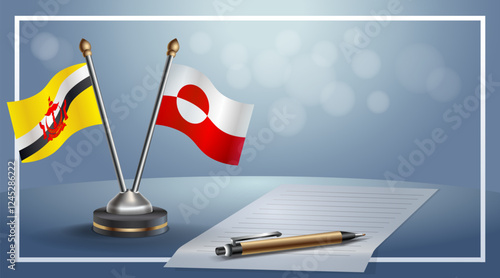 Brunei and Greenland National flags on small table with bokeh background, cooperative relationship
