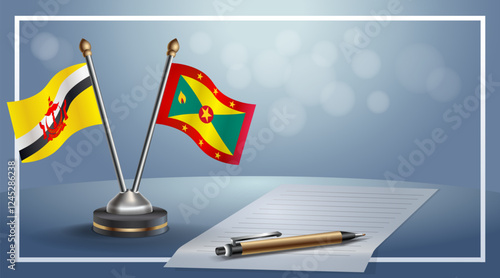 Brunei and Grenada National flags on small table with bokeh background, cooperative relationship